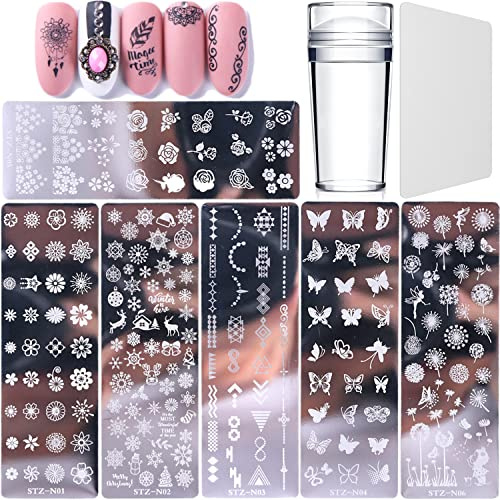 Lot de 6 plaques de stamping pour nail art, avec 1 tampon transparent, 1 grattoir, outil de nail art pour femmes et filles