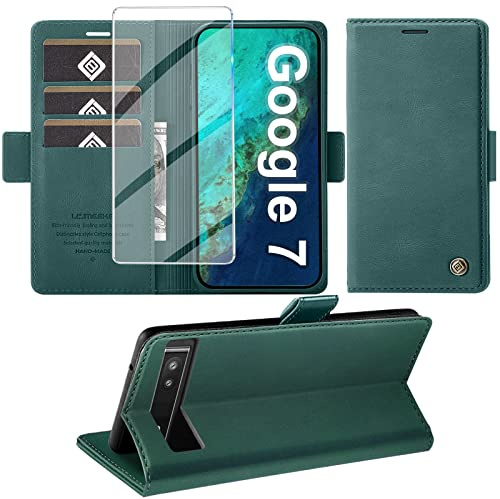 Giyer Handyhülle für Google Pixel 7 Hülle mit Schutzfolie, Standfunktion Kartenfach Wallet Premium Leder Schutzhülle Pixel 7 5G Flip Case Cover Stoßfeste Klapphülle (grün)