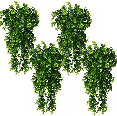 Toprooms 4 piante finte da appendere, foglie di eucalipto finte, piante rampicanti artificiali, edera, decorazione per ambienti esterni, resistente ai raggi UV, in plastica