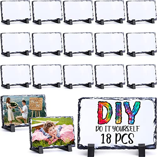 Sabary 18 Pcs 4'' x 6'' Sublimation Photo Slate Blanks Rock Stone Bulk Picture Frames Commercial Plaque with Display Stand for Wedding Valentine's Mother's Day DIY Craft Desktop Decor Souvenir