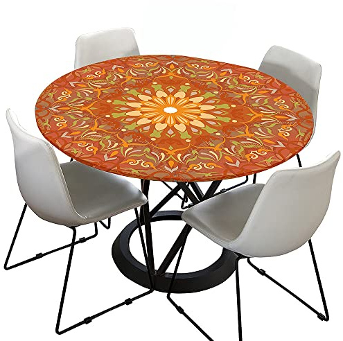 Morbuy Rund Tischdecke Elastisch, Lotuseffekt Tischdecke Abwaschbar Tischdecken Mandala Drucken Gartentischdecke Indoor Outdoor Tischtuch (Durchmesser 110cm,Orange)