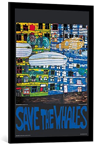 kunst für alle Bild mit Bilder-Rahmen: Friedensreich Hundertwasser Rettet die Wale - dekorativer Kunstdruck, hochwertig gerahmt, 59x84 cm, Schwarz matt