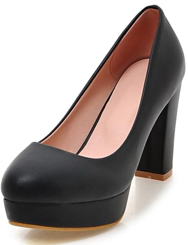Escarpins à Talons Carrés pour Femmes, Pompe à Talon Élevé Bout Rond à Enfiler Chaussures Habillées avec Plateforme Elegant, Taille 32-43