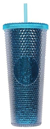 BBTISG 710ml Nietbecher mit Deckel und Strohhalm, Doppellagig Wiederverwendbar Eiskaffee Saftbecher für Kinder Erwachsene, Kaltbecher (Transparenter Blauer Glitzer)