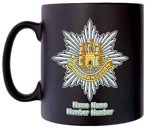 The Royal Anglian Regiment Mug with Personalise Option Image of Military Emblem Flag Crest Insignia MOD Official Product Coffee Tea 10oz Black Satin Klassek Gift Present