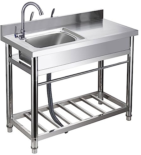 Fregadero de acero inoxidable para exteriores con plataforma de mano izquierda, fregadero de cocina de jardín al aire libre, con escurridor y grifo, estante, para restaurante, cocina y hogar