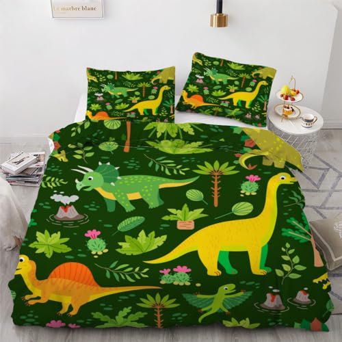ROUSKI Bettwäsche Dinosaurier 135x200 cm 2teilig 100% Mikrofaser Kinderbettwäsche Cartoon Dino Wendebettwäsche mit Reißverschluss 3D Motiv Zimmer Dekor Bettwäsche-Sets mit Kissenbezüge 80x80
