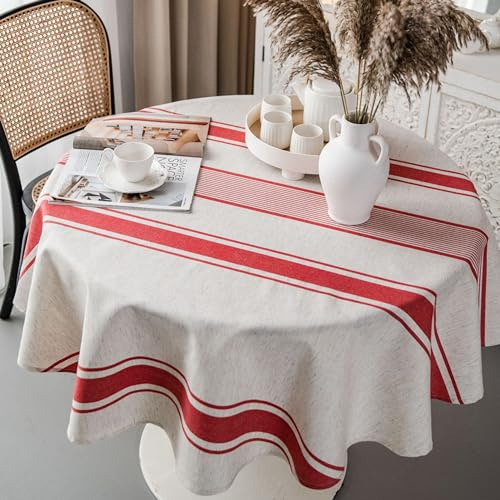 Vintage französische rot gestreifte Baumwoll-Leinen-Tischdecke, waschbar, wiederverwendbar, für Küche, Esszimmer, Bauernhaus, Tischdekoration (Rund, 150)