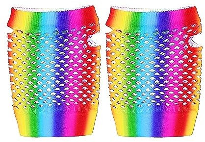 ZUYPSK Damen Handschuhe Fingerlose Armstulpen Regenbogen Bunt Farbe Netzhandschuhe Fasching Karneval Party Kostüme Zubehör (bunte kurze, Einheitsgröße)