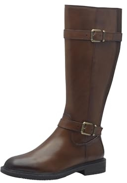 MARCO TOZZI Damen Hohe Stiefel ohne Absatz aus Leder mit Schnallen, Braun (Cognac Comb), 39 EU
