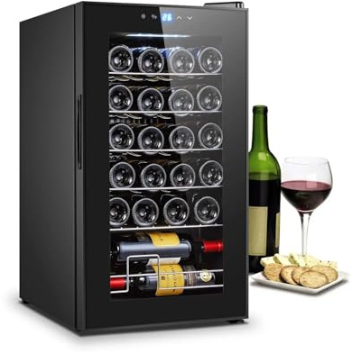 Wintem Cave à vin avec réglage de la température 5-18°C - Mini réfrigérateur bar pour 24 bouteilles | Wooler, élégant design moderne, écran LED et écran tactile