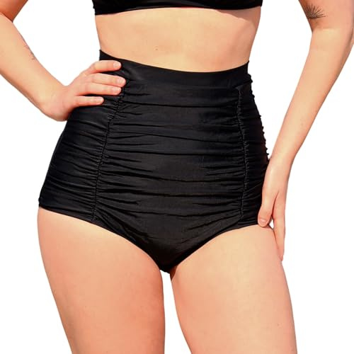 MYLILY Culotte de Bain Gainante Femme | Taille Haute Ventre Plat | Effet Gainant avec Fronces | pour Piscine, Plage & Vacances d'Été | Oeko-TEX, Extra Doux, Végan | Noir, M
