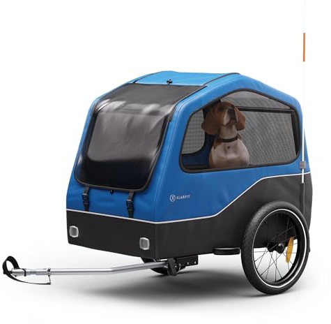 Klarfit Goldie Home Fahrradanhänger für Hunde, 334 L Volumen, Wasserabweisend, Reflektoren & Sicherheitsflagge, 40 kg Tragfähigkeit, Zusammenklappbar, 16-Zoll-Räder, Blau