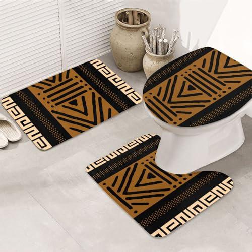 rutschfeste 3 Badteppich Set Afrikanisches Schlammtuch rutschfeste Fußmatte Set Waschbar Dekorative Badgarnitur Badematten, Für Dusche, Wc-Sitz Bezug