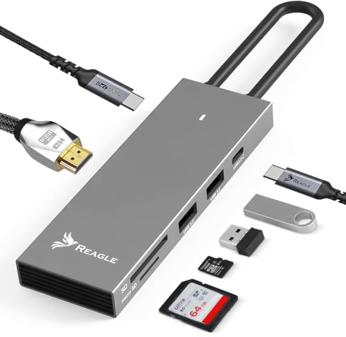 Reagle Hub USB-C 7 en 1 con entrega de potencia de 100 W, 4K HDMI 60 Hz, soporte de 144 Hz, USB 3.2, lector de tarjetas para SD/microSD, carcasa de aluminio, ideal para portátiles y dispositivos
