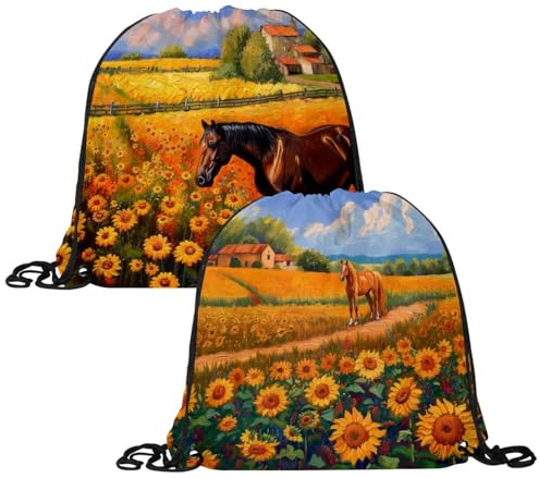 Eslifey Rucksack mit Kordelzug, Motiv: Sonnenblumen, Pferde, zum Bemalen von Sonnenblumen, Sport, Sport, Rucksack, Aufbewahrung, Schwimmbeutel, Fitnessstudio, Reisen für Party, Sport, Reisen, 2 Stück,