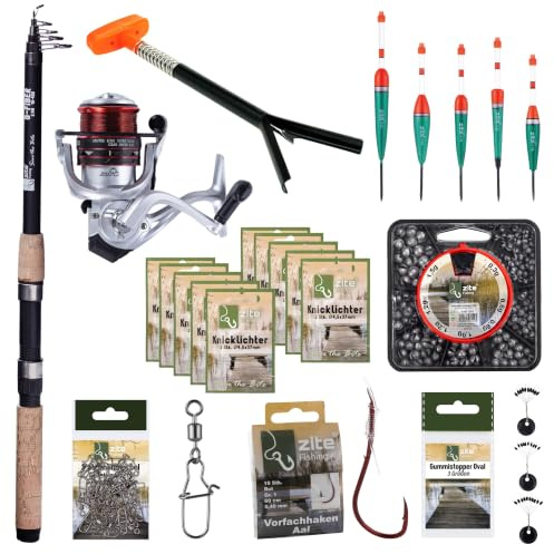 Zite Fishing Angelset Aal-Angeln | Teleskop-Rute, Rolle bespult & Mehr | Posen, Knicklichter, Angelzubehör & Mehr | Komplett-Combo Nachtangeln Posen-Montage