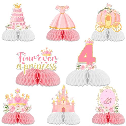Sursurprise Party-Dekorationen zum 4. Geburtstag, Motiv: Four Ever A Princess, Wabenaufsätze für Mädchen, Prinzessinnen-Thema, 4 Jahre alt, Partyzubehör, 8 Stück