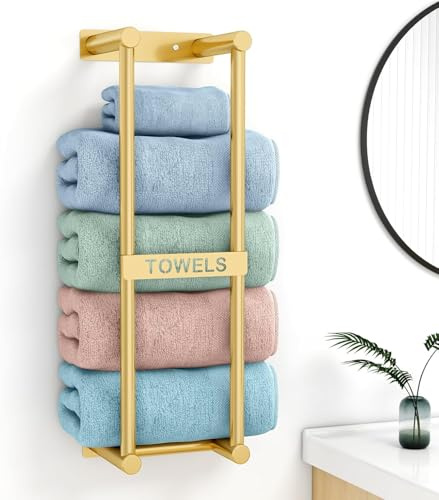 STWWO Porte Serviette Murale 56cm Doré Porte-Serviettes Salle de Bain Range Serviettes pour Serviettes Roulées Support Rangement de Bain, Métal