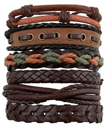 QTMMC 6 Pack Leather Bracelet for Men Adjustable Punk Braided Men's | Leather Bracelets Rope Personalised Wristbands Multi-Layer Cuff Vintage Bracelets Wrap Set for Men Women, Brown