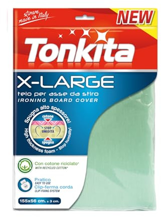 Tonkita | X-Large Telo per ASSE da Stiro 155x56 cm, Copri ASSE in Cotone Riciclato e Spugna con Clip Ferma Corda, per Assi da Stiro Fino a 147x48 cm, Morbido e Pratico, Extra Large - Made in Italy