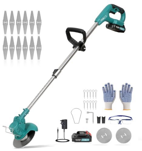 Panana 21V Cordless Electric Strimmer, Telescopic Lightweight Grass Trimmer with Metal Blades, Plastic Blades, 2000mAh Battery, Grass Cutter for Garden Lawn Edger Pruning Weed