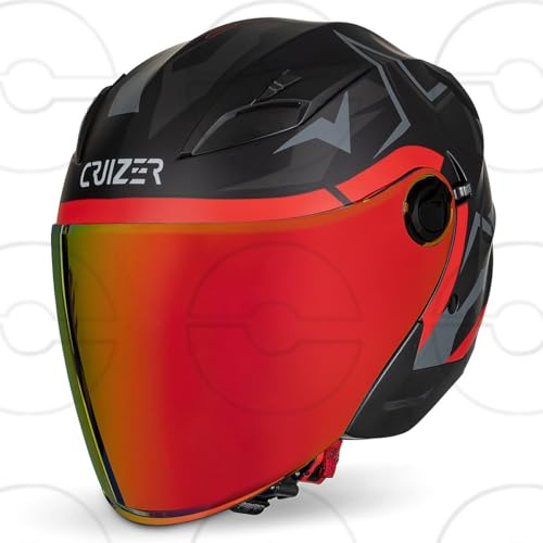 CRUIZER Casco moto jet omologato STAR Nero Rosso doppia visiera trasparente sole