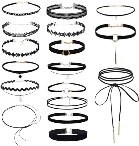 PYSEOSISE Choker Kette Damen, 18 Stück Choker Halskette Schwarz, Verstellbare Halsband Damen Spitze Choker Gothic Halskette Velvet Halsband für Dancing Halloween Party Cosplay
