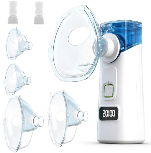 Herrfilk Tragbare Inhalationsgerät für Erwachsene und Kinder, Wiederaufladbarer Inhaliergeräte mit 4 Masken und 2 Mundstück, Partikelgröße 1-5µm, Leise Elektrische Inhalator für Zuhause, Reisen, Büro
