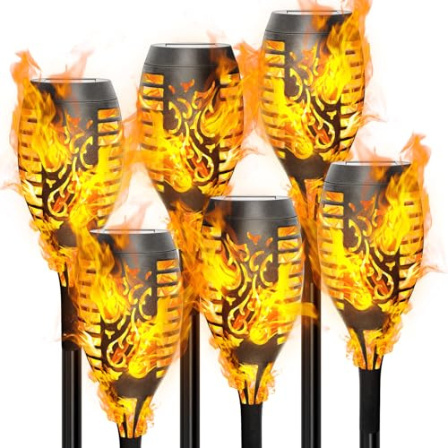 Anordsem Solor Lights for Garden: 6 Pack Flickering Dancing Flame Torch Stake Lamp - Waterproof LED Lighting for Pathway Fence Patio Decor - Gardening Gifts for Homeowners Women