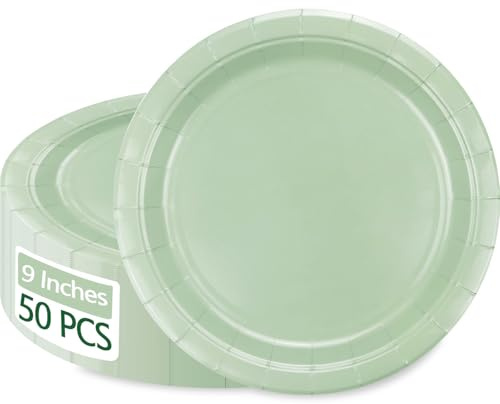 PTECDROTS 50Pcs Sage Green Paper Plates - 9” Round Bulk Dinner Plates for Spring Summer Daily Use Holiday Picnic Celebrations Sage Green Birthday Party Decorations