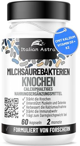 Italian Astra Probiotico Lactobacillus Reuteri + Calcio, Manganese, Rame, Biotina, Inulina e Vitamine C, D3, K2 – Integratore Per Ossa Forti e Salute Articolazioni – 60 Capsule (2 Mesi)