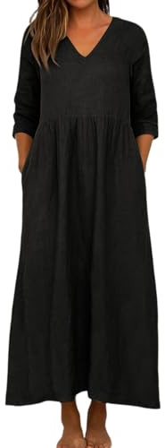 Women's Casual Linen Dresses Oversized 3/4 Sleeve V Neck Cotton Linen Maxi Dresses with Pockets Calssic Flowy Solid Color Beach Vacation Long Dress
