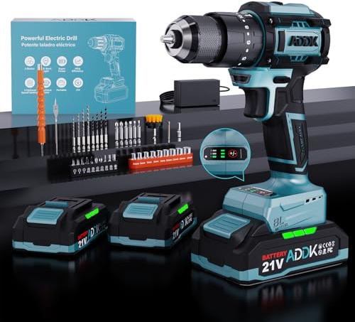 Trapano Avvitatore a Batteria, Avvitatore a Impulsi, Set di Trapano Senza Fili, 21 V, 2 Batterie 2.0Ah, 24+3 Impostazione Coppia, 3 Velocità, 38 Accessori, per Fai da te e Riparazioni