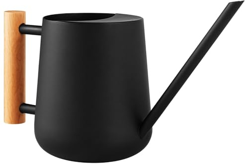 Regadera de acero inoxidable con boquilla larga, regadera de bonsái de 34 onzas con mango de madera, acabado negro mate