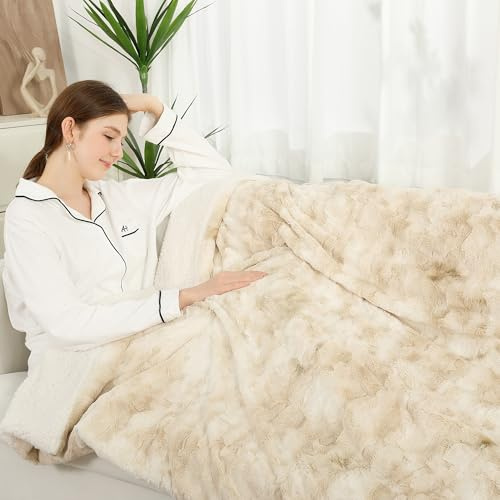 ESTINGO Electric Blanket 200x150cm, Fluffy Tie-Dye PV Fleece & Sherpa Reverse, 6 Heat Settings, 10H Timer Auto Off, Fast Heating, Machine Washable, Energy Saving, CE & UKCA Certified, Cream White