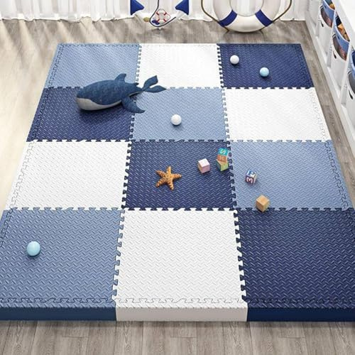 WaiDXn Tapis de Puzzle en Mousse EVA emboîtables 12x12 Pouces Dalles de Sol en Mousse carrées Tapis de Jeu et d'exercice de Protection(Navy Blue+Blue+White)