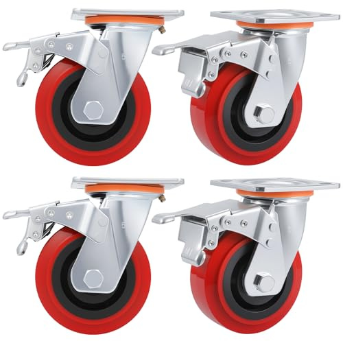 5 Inch Caster Wheels,Heavy Duty Caster Set of 4,Polyurethane Surface TPE Casters,Load 4000Lbs Swivel Brake Plate Casters,for Industrial Equipment、Workbench and Cart Wheels (4Brake)