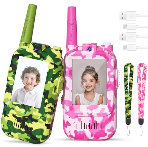 Kids Video Walkie Talkies 2 Pack, 2 Way Radio Long Range with Screen & 4 Voice Effects, 1000mAh Battery, Toys for 3-12 Year Old Boys Girls, Indoor Outdoor Camping Birthday Gifts Spring