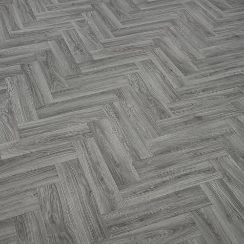 Grey Herringbone Effect Callisto Vinyl Flooring 2mm Thick Lino Roll Bathroom Kitchen (3m Wide x 5m Long)
