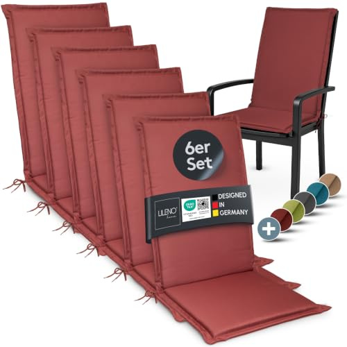 LILENO HOME Gartenstuhl Auflagen [6er Set - Hochlehner] in Rot - Bequeme | Liegen als Sitzauflagen für Gartenmöbel - Stuhlkissen für Gartenstühle und Klappstühle MIA