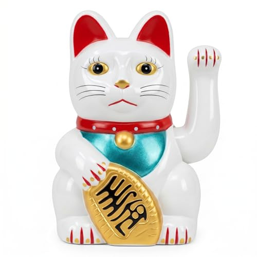 Starlet24 Winkende Glückskatze Winkekatze Lucky Cat Maneki-Neko Winkende Japanische Maneki-Neko batteriebetrieben (Weiß&Glück, 16cm)
