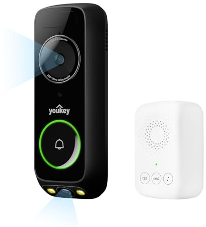 youkey 2K Doorbell Camera Wireless with Head-to-Toe Video, No Monthly Fee | Battery Video Doorbell with Chime, 5G WiFi, 8GB Local Storage, Two-Way Talk, Works with Alexa & Google Home