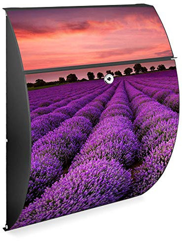 banjado Design Briefkasten - Modell Riviera 46x33,5x13cm groß - verzinkter Stahl anthrazit - Postkasten Öffnungsstopp großer A4 Einwurf Zylinderschloss 2 Schlüssel - Motiv Lavendelfeld