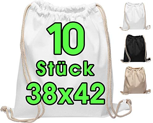 Baumwollbeutel 10 Stück 38x42cm Sportbeutel - Rucksack Stofftasche Turnbeutel Bag, Beutel, Jutebeutel OEKO-TEX® zertifiziert Stoffbeutel Einkaufsbeutel Gym Sac Sack zum bemalen Weiss