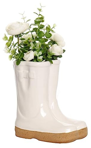 Dibor White Ceramic Double Wellington Boot Shaped Plant Pot Garden Gift | Ceramic, Wellington Boot Planter, Plant Pot, Flower Pot, Planter, Drainage Hole, Removable Stopper