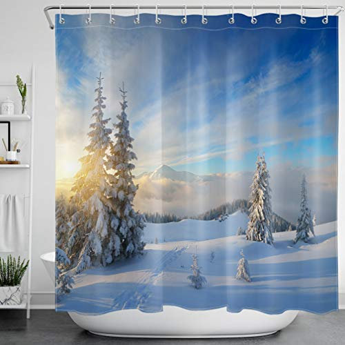 LB Weihnachten Duschvorhang 180X180cm Winterlandschaft,Schneeberg,Kiefer Bad Vorhänge Polyester Extra Lang Wasserdicht Anti Schimmel Badezimmer Deko Heimzubehör mit Vorhanghaken