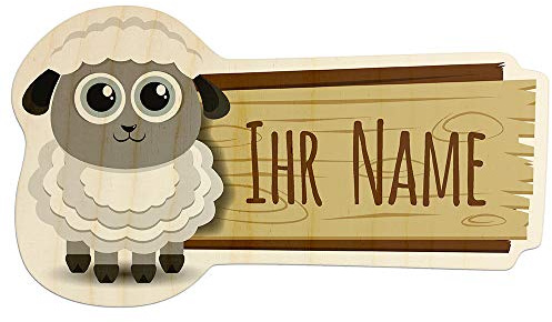 printplanet - Türschild aus Holz mit eigenem Text oder Namen - Namensschild, Holzschild, Kinderzimmer-Schild - Motiv Schaf