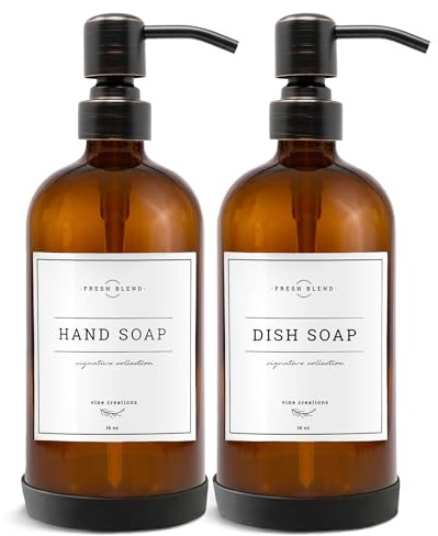 Vine Creations Amber Glass Soap Dispenser 2 Pack, Thick 16oz Bottles Rustproof Stainless Steel Pump, Kitchen Bathroom Accessories, Hand Dish Soap Dispenser, Waterproof Labels (Round Oil Rubbed Bronze)
