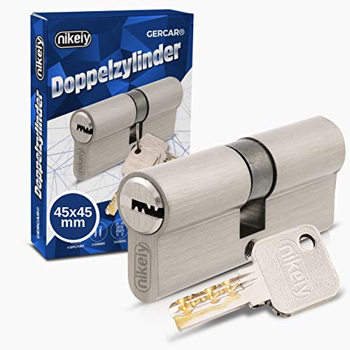 GERCAR - Pro - Cylindre de serrure/barillet de porte d'entree/interieure 90 mm - cylindre à double entrée 45/45 mm - En laiton nickelé - Avec 5 clés - Longueur : 90 mm, A: 45 B : 45